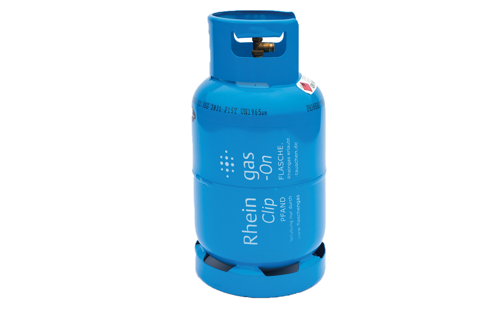 Blaue Treibgasflasche 11 kg mit Clip-On von Rheingas für Gas-Stapler.