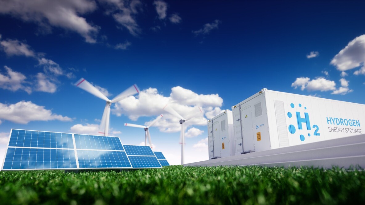 Ideenkonzept mit nachhaltigen Energieträgern wie Wasserstoff, Solar- und Windkraftanlagen.
