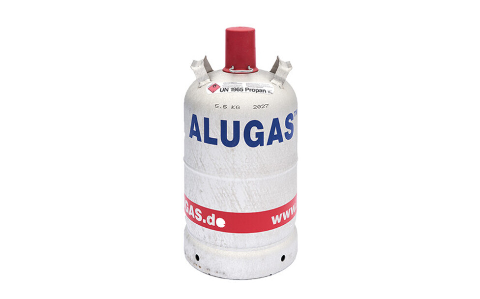 Graue Alu-Gasflasche 11kg (Alugas) mit Propan-Gas gefüllt.
