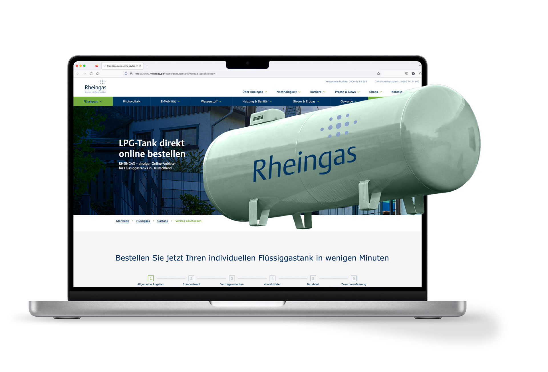 Abbildung eines Laptops, der die online Bestellung eines LPG-Tanks bei Rheingas zeigt.