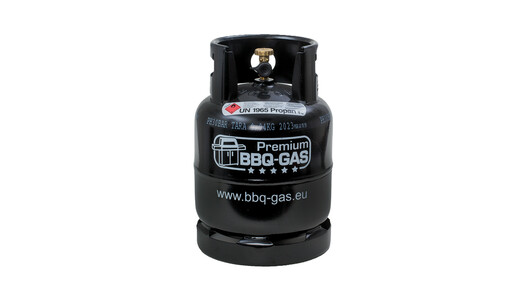 Schwarze 8kg Premium-BBQ-Gasflasche mit Grillgas Füllung.
