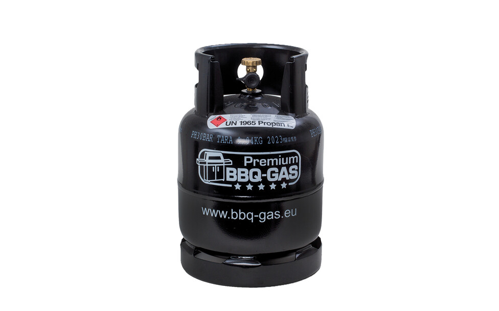 Schwarze 8kg Premium-BBQ-Gasflasche mit Grillgas Füllung.