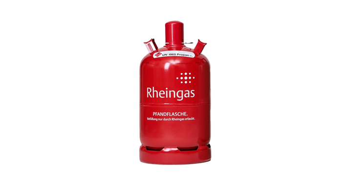 Rote 19 kg Gasflasche von Rheingas als Pfandflasche.