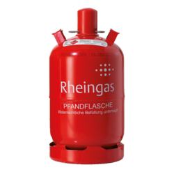 Rote Gasflasche mit 11 kg Propan-Gas-Füllung von Rheingas.