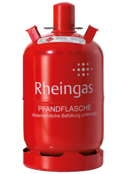 Rote Gasflasche mit 11 kg Propan-Gas-Füllung von Rheingas.