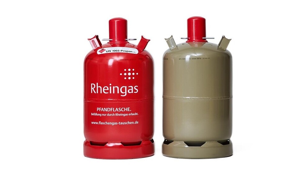 Rote Rheingas 19 kg Pfandflasche und Eigentumsflasche mit Propan gefüllt.