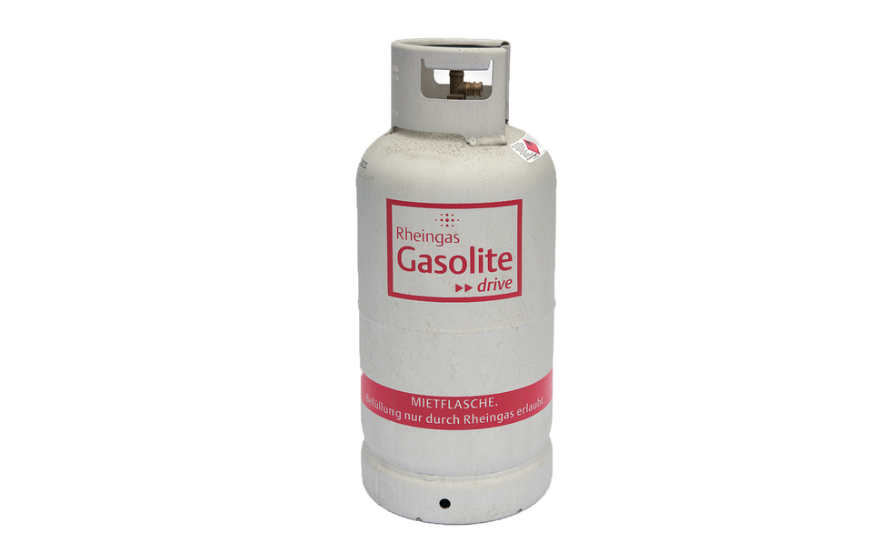Graue 14 kg Gasolite Drive Staplergasflasche von Rheingas für gasbetriebene Gabelstapler.