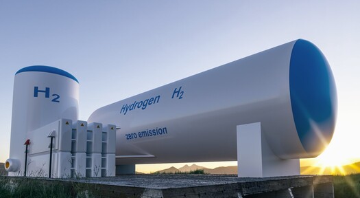 Wasserstoffgas kaufen indem aus diesem großen Wasserstofftank abgefüllt wird zum Weitertransport.