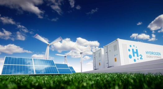 Ideenkonzept mit nachhaltigen Energieträgern wie Wasserstoff, Solar- und Windkraftanlagen.