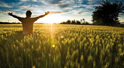 Ein Mann steht mit offenen Armen auf einem Feld bei Sonnenuntergang