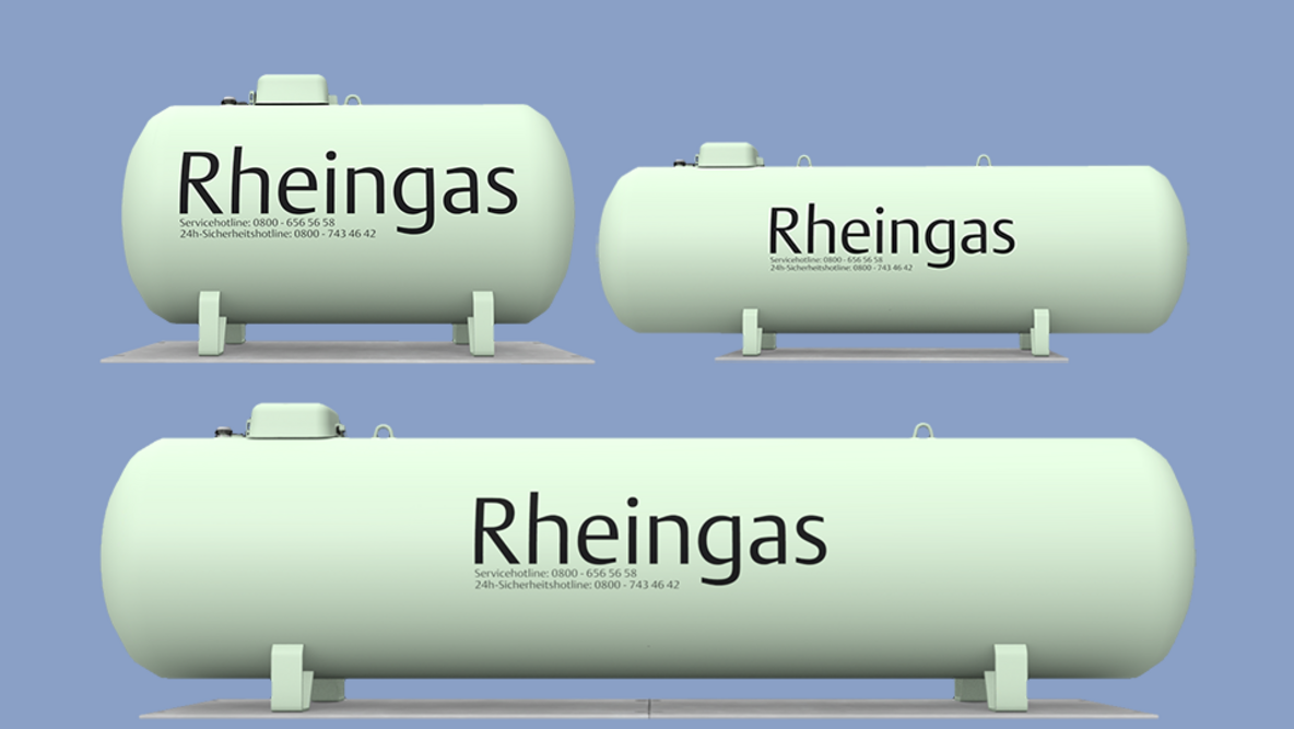 Drei oberirdische Flüssiggastankgrößen von Rheingas vor neutralem Hintergrund.