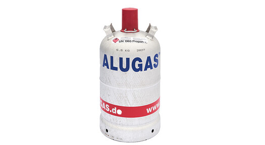 Graue Alu Gasflasche 11kg mit Propan Gas gefüllt.