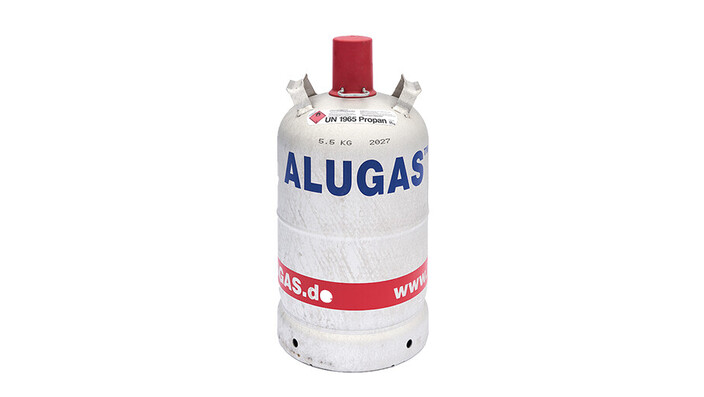 Graue Alu-Gasflasche 11kg (Alugas) mit Propan-Gas gefüllt.