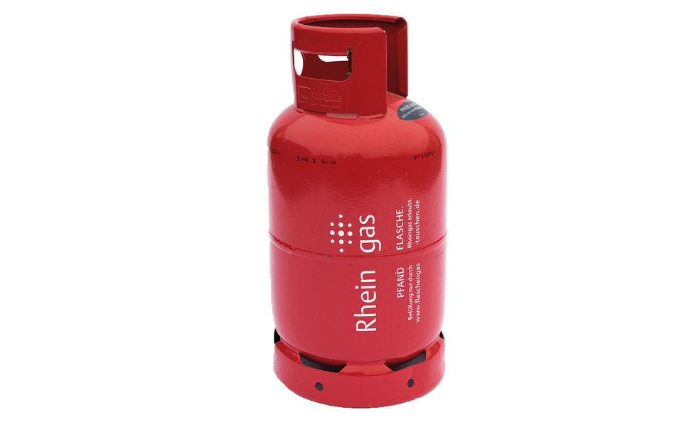 Rote Staplergas 11 kg Classic Flasche von Rheingas mit Treibgas für Gabelstapler gefüllt.
